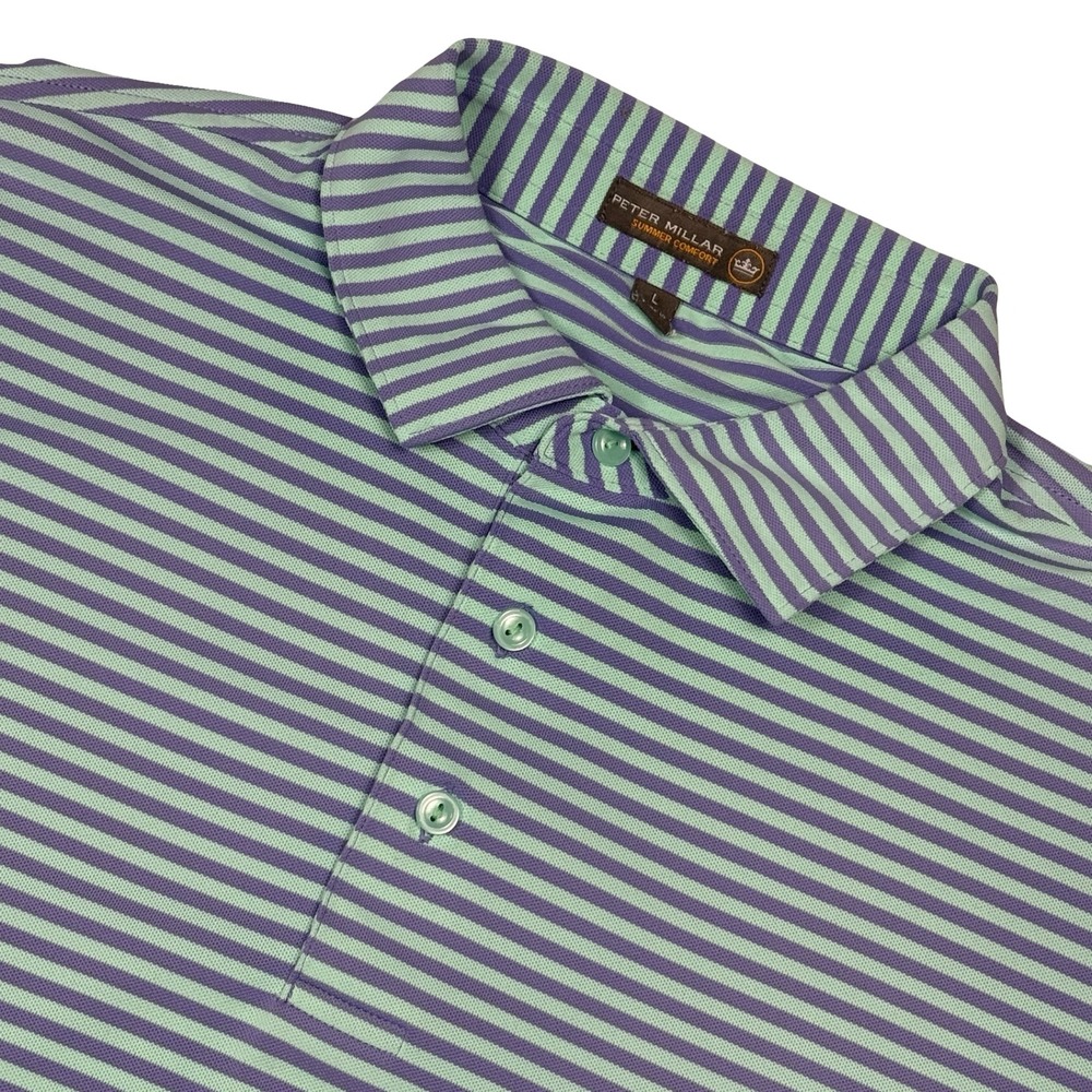 Peter Millar Summer Comfort Mens Large Striped Aqua‎ Purple Golf Polo Shirt